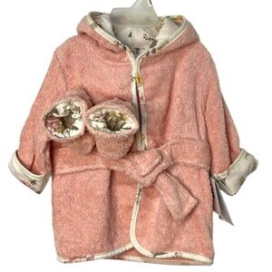 NWT Pink Baby Robe and Booties Size 0-9 Months Cotton Terry Cloth Just Born